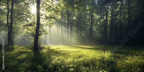 Sunlight rays through green forest trees with fog and grass field, nature background