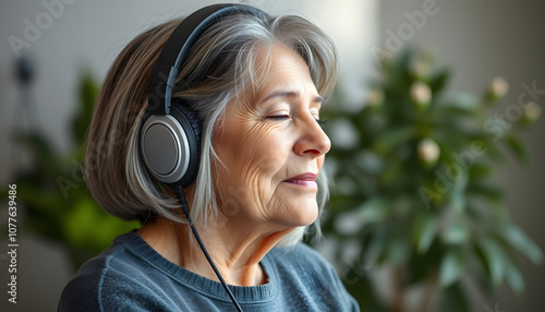 Audio healing. meditation. Slow life. Enjoying the little things. lifestyle portrait senior woman  with gray hair in headphones listens to music rests isolated with white highlights, png photo