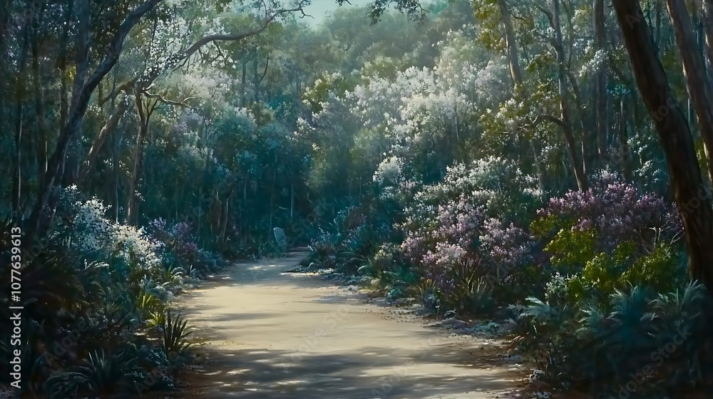 A Path Through a Lush Forest With White Flowers