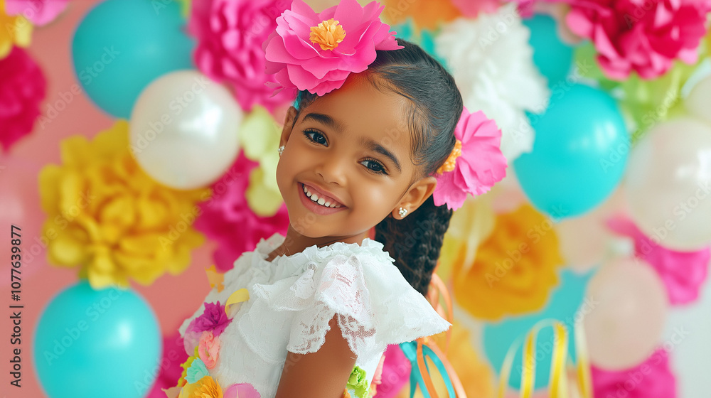 Latina girl decorated with paper flowers background with balloons and more flowers. Spring festivals Latina girl decorated with paper flowers background with balloons and more flowers. Spring festivals