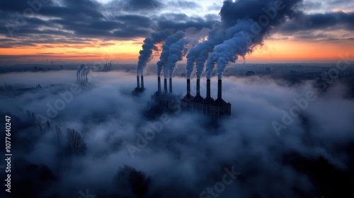 Tall industrial chimneys release gray smoke into the early morning or late evening sky, casting a stark silhouette against the backdrop of a hazy urban landscape. photo