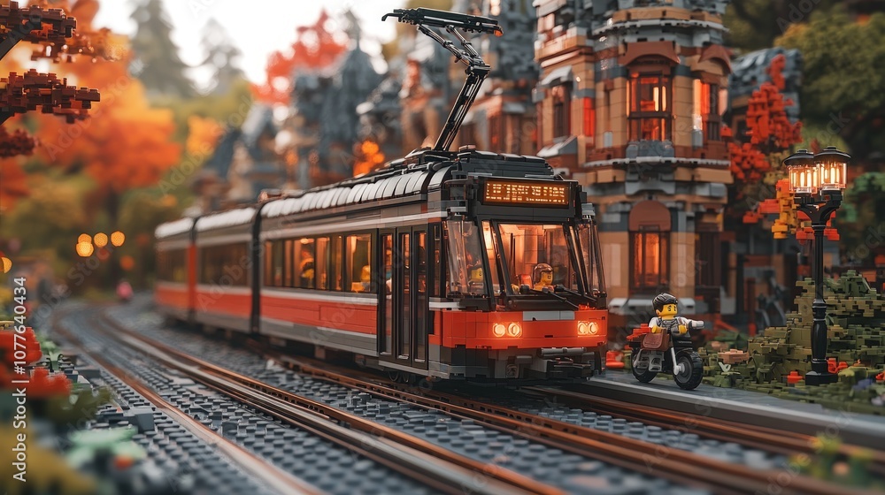 A red and grey toy train with passengers travels on tracks through a miniature city. A red and grey toy train with passengers travels on tracks through a miniature city.