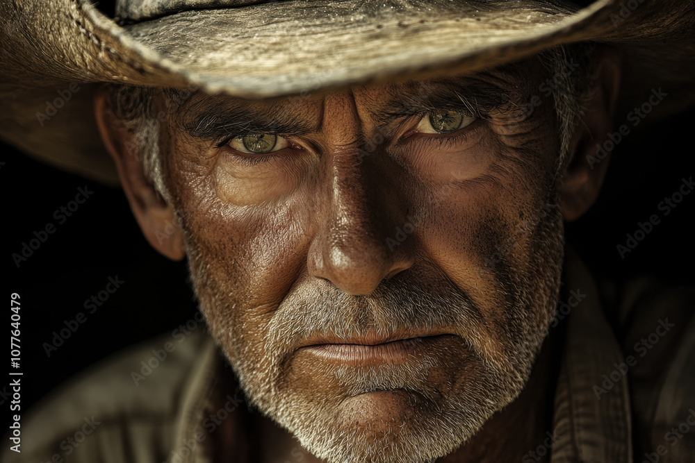 Rugged mature man with intense gaze wearing a cowboy hat. His weathered face reflects hard work and resilience against a dark background. Rugged mature man with intense gaze wearing a cowboy hat. His weathered face reflects hard work and resilience against a dark background.
