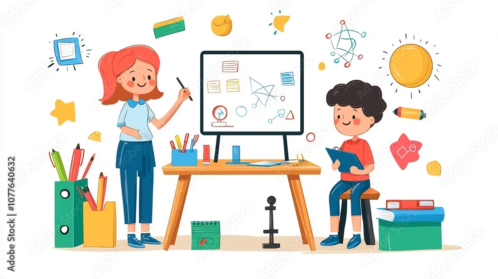 Tutor Using Whiteboard to Explain Academic Concepts to Young Student at Study Table with Neatly Arranged Learning Tools and Resources Surrounding Them Tutor Using Whiteboard to Explain Academic Concepts to Young Student at Study Table with Neatly Arranged Learning Tools and Resources Surrounding Them