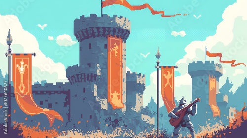 A medieval castle with a bard playing music