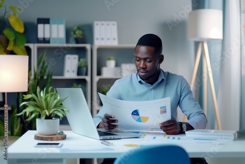 African American Businessman Working on Laptop in Stylish Office Workspace Analzying Documents and Charts photo