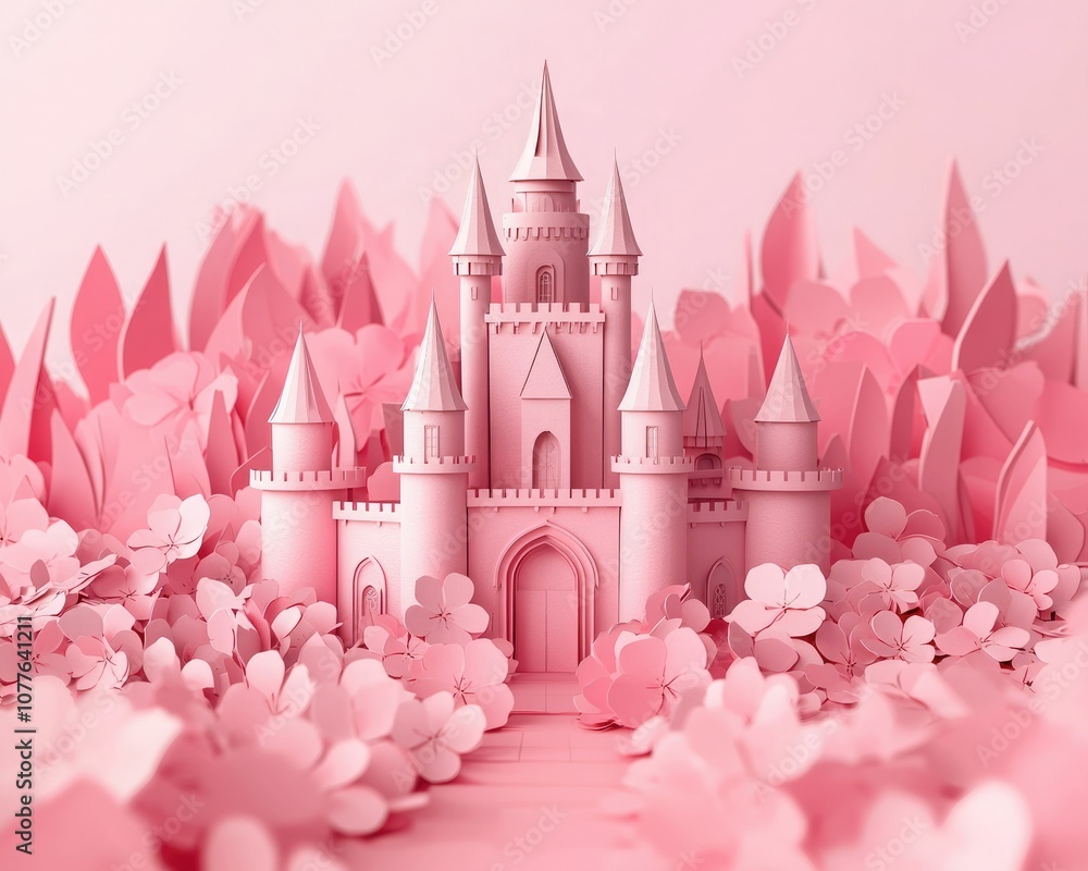 Fototapeta premium A whimsical pink castle made of paper surrounded by floral elements, creating a dreamy, fantasy-inspired scene.