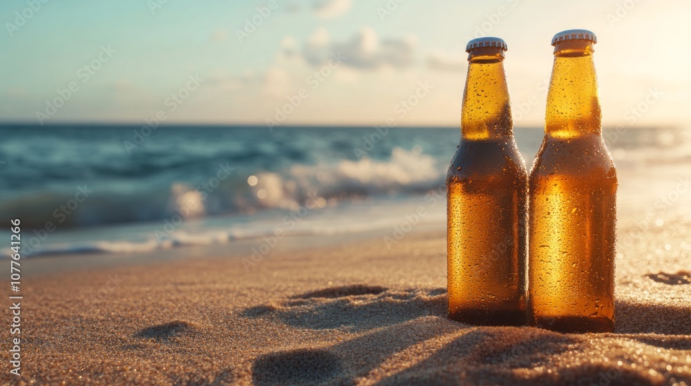 Two bottles of beer without label on sea beach close up with space for text, inscriptions or logo and name. Holiday beer Two bottles of beer without label on sea beach close up with space for text, inscriptions or logo and name. Holiday beer