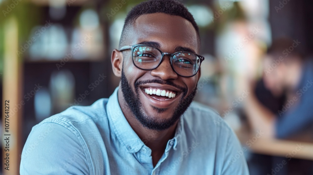 Joyful Young Man in Casual Attire Smiling at Camera in Modern Workspace Joyful Young Man in Casual Attire Smiling at Camera in Modern Workspace