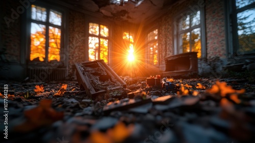 The setting sun casts a warm glow through shattered windows, highlighting the ruins and chaotic debris inside an old, neglected house with an air of nostalgia. photo