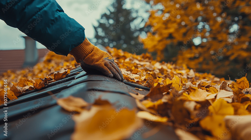 A person cleaning leaves from a roof gutter during autumn, emphasizing seasonal roof maintenance a clogged roof gutter from dirt, debris and fallen leaves to prevent water and let drain properly. A person cleaning leaves from a roof gutter during autumn, emphasizing seasonal roof maintenance a clogged roof gutter from dirt, debris and fallen leaves to prevent water and let drain properly.