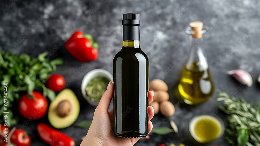 Obraz premium A hand holding a bottle of olive oil surrounded by fresh vegetables and herbs.
