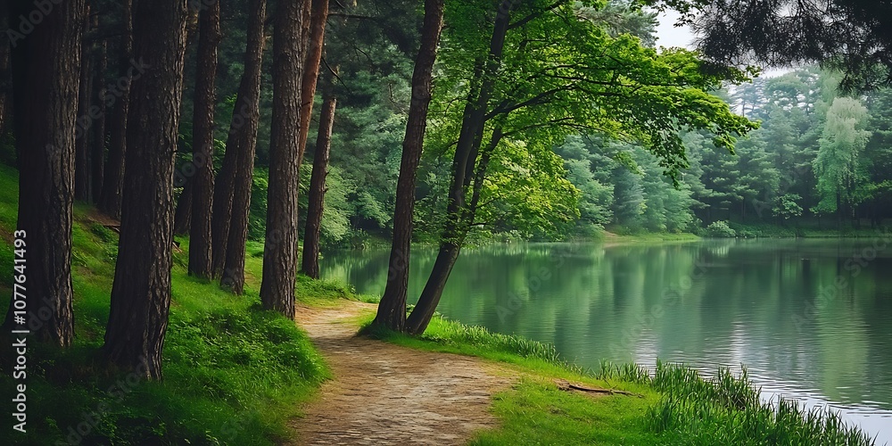 Obraz premium Forest path winding along lake edge with lush greenery