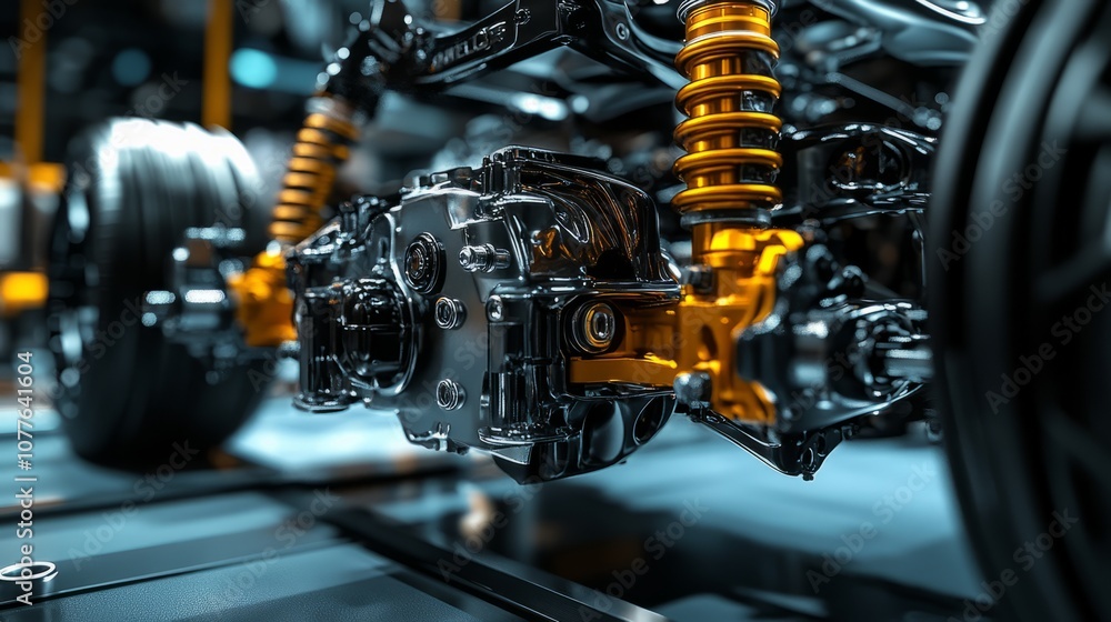 Fototapeta premium A close-up shot of a car suspension system or mechanism in a factory or workshop, leading-edge automotive technology