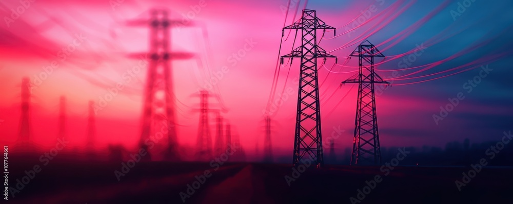 Fototapeta premium Silhouettes of power lines against a vibrant pink and blue sky, creating a striking contrast at dusk.