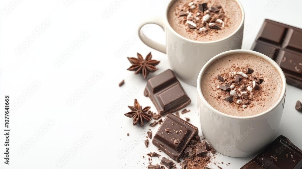 Two white cups with hot chocolate, chocolate pieces and anise on a light background slightly above with space for text or inscriptions Two white cups with hot chocolate, chocolate pieces and anise on a light background slightly above with space for text or inscriptions
