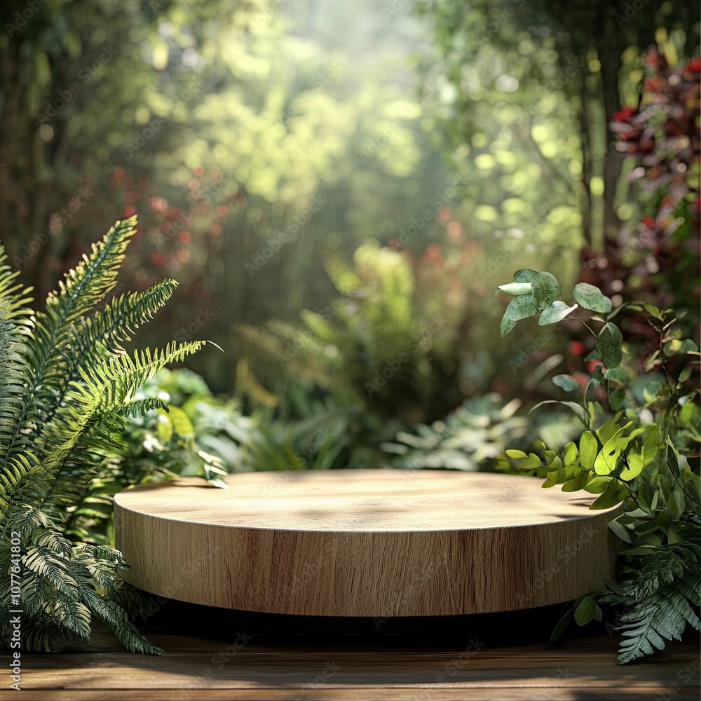 Mockup podium among green plants and ferns, wooden pedestal for product display, aesthetic green tones, colorful blurred garden in the background, generative ai Mockup podium among green plants and ferns, wooden pedestal for product display, aesthetic green tones, colorful blurred garden in the background, generative ai