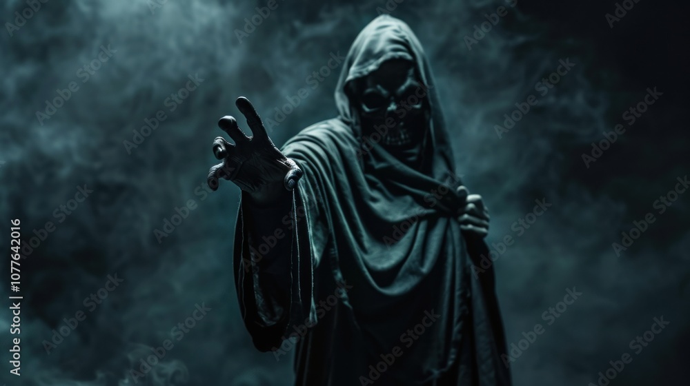 Scary grim reaper reaches towards the camera with copy space, AI generated image Scary grim reaper reaches towards the camera with copy space, AI generated image