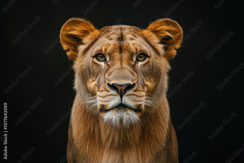 Majestic lioness with intense gaze against a dark background, showcasing strength and elegance in vivid detail and warm tones. Majestic lioness with intense gaze against a dark background, showcasing strength and elegance in vivid detail and warm tones.