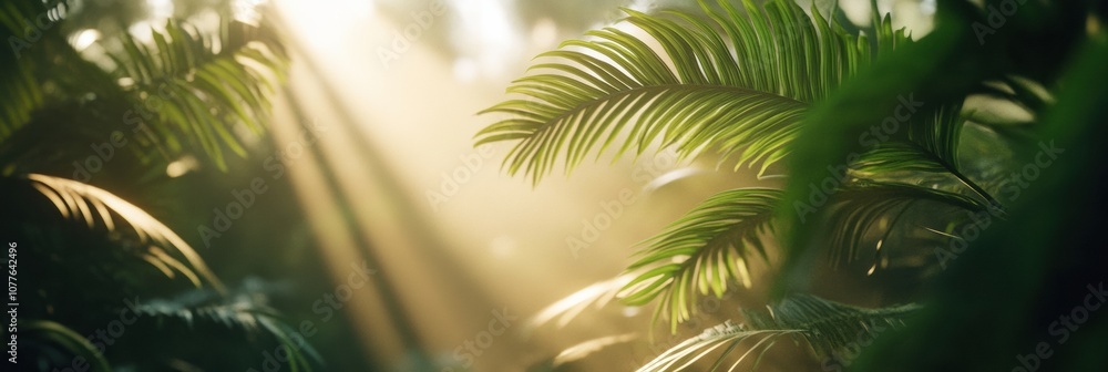 Fototapeta premium Sunlight filters through dense tropical foliage, creating dappled patterns on lush green leaves as morning light enhances the tranquil atmosphere. Generative AI