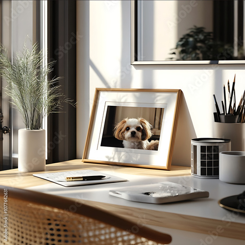 A realistic photograph for an ecommerce website featuring a closeup of a picture frame on a home desk The frame contains an abstractstyle image of a household pet Th photo