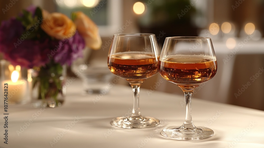 Two elegant glasses of amber liquid beside a floral arrangement. Two elegant glasses of amber liquid beside a floral arrangement.