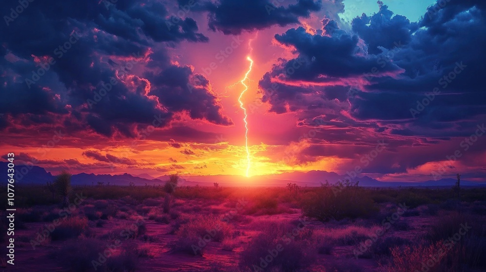 Lightning Strike at Sunset Over Desert Landscape Lightning Strike at Sunset Over Desert Landscape