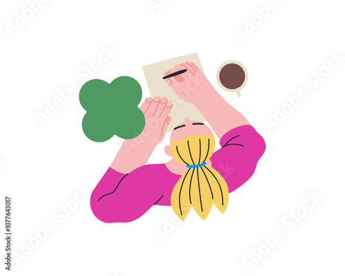 Writing people, modern flat vector concept illustration- sitting woman thoughtfully writing on paper, bubble near head, top view. Metaphor for reflection, insight, contemplation, creative expression