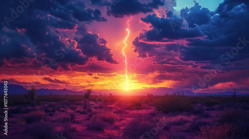 Lightning Strike at Sunset Over Desert Landscape