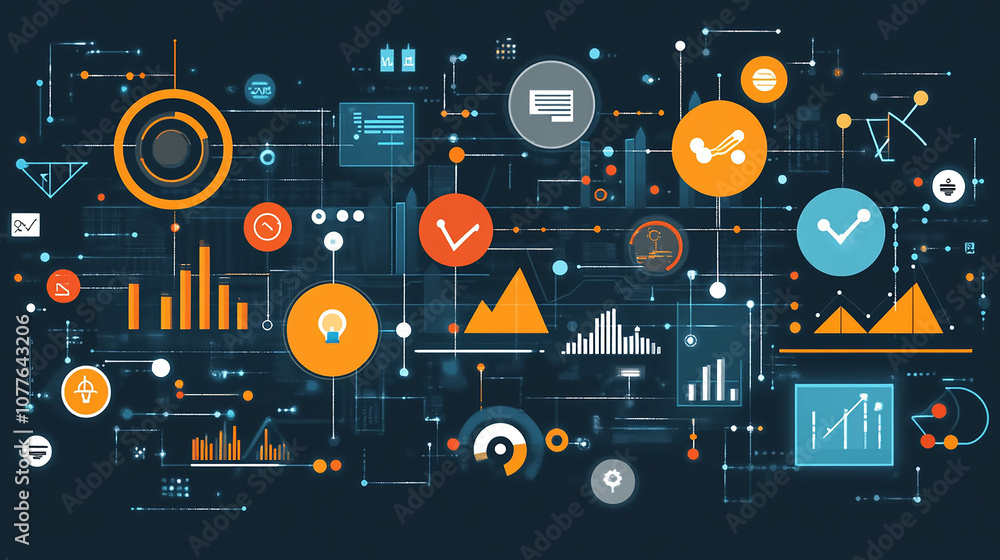 An illustration of business process automation concept, showcasing graphs for distribution analysis and consumption monitoring in a high tech digital environment isometric illustration. An illustration of business process automation concept, showcasing graphs for distribution analysis and consumption monitoring in a high tech digital environment isometric illustration.