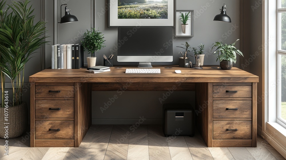 Modern wooden desk setup with plants and computer in an office. Modern wooden desk setup with plants and computer in an office.