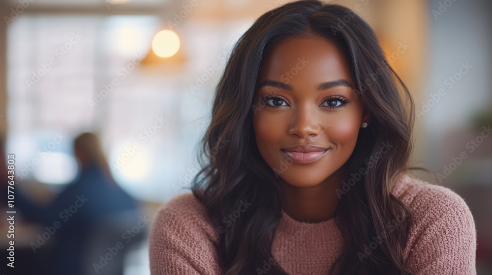 Confident Young Woman Smiling in Modern Café Setting Confident Young Woman Smiling in Modern Café Setting