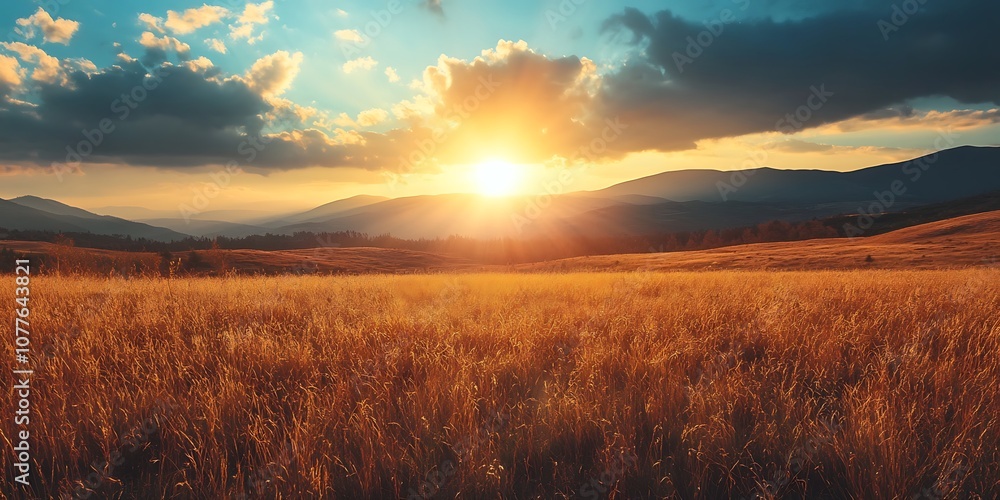 Golden Sunset Over Rolling Hills and Wheat Field Golden Sunset Over Rolling Hills and Wheat Field
