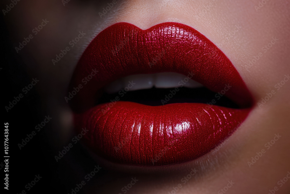 Fototapeta premium Close-up of feminine lips with bold, glossy red lipstick against a dark background, highlighting sensuality and elegance.