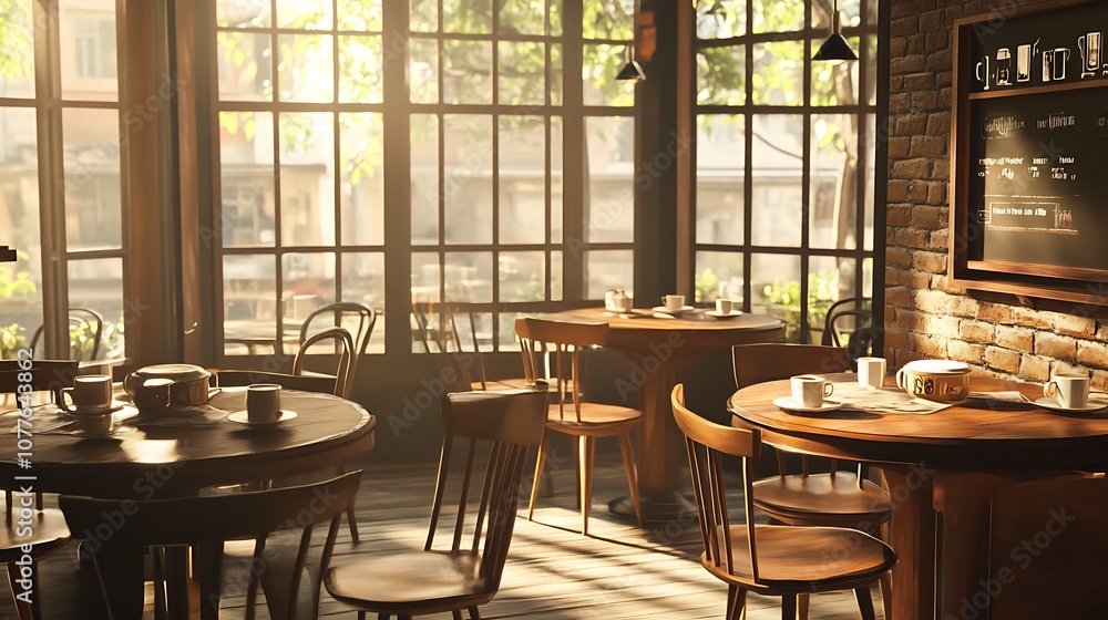 Sunlit Cafe Interior with Wooden Tables and Chairs Sunlit Cafe Interior with Wooden Tables and Chairs
