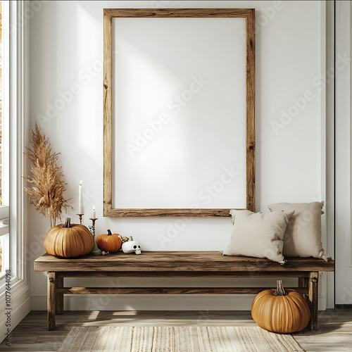 create an empty 24x36 inch picture frame placed on the white wall over the big wooden brown rustic bench with Halloween decoration add Skull candle pumpkin add some photo