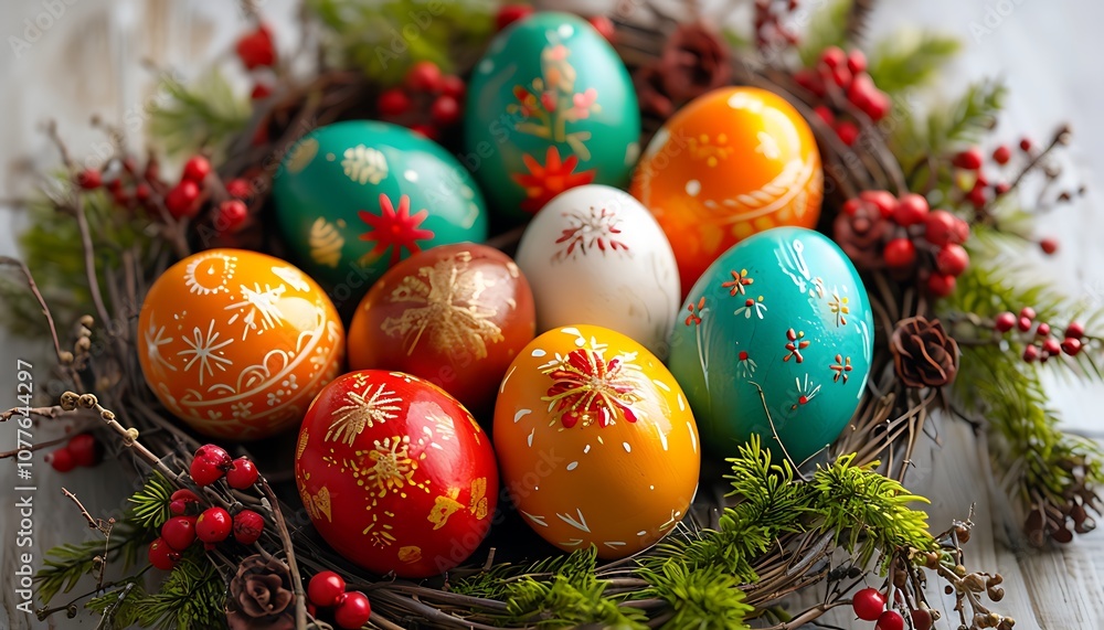 decorated eggs in a wreath of branches decorated eggs in a wreath of branches