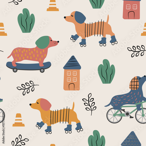 Dogs in the cite seamless pattern. Cute cartoon dogs on a skateboard, bike and rollers  in flat style.	