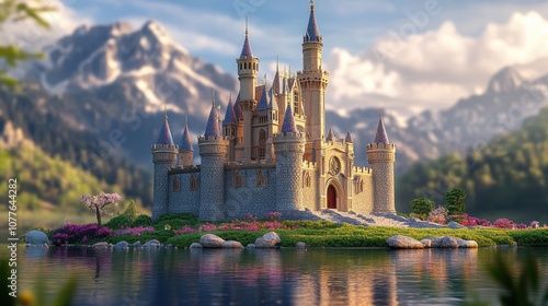 A majestic fairytale castle sits on an island with a lake in the foreground and snow-capped mountains in the background.
