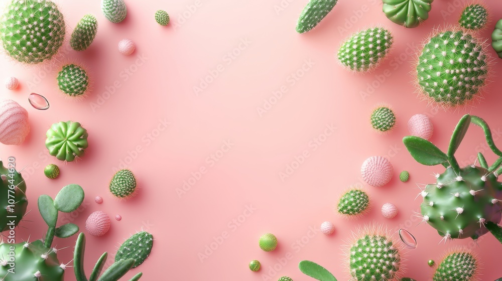 A vibrant arrangement of green cacti and succulents on a pink background. A vibrant arrangement of green cacti and succulents on a pink background.