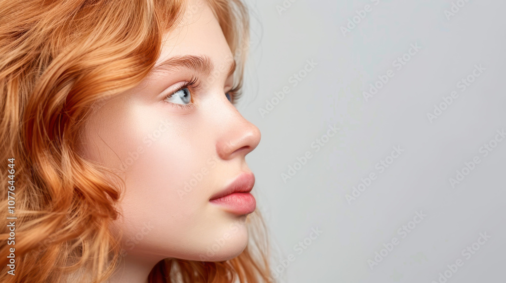 Naklejka premium Stunning portrait of a young model with long, healthy blonde curls showcasing vibrant skin against a neutral backdrop.