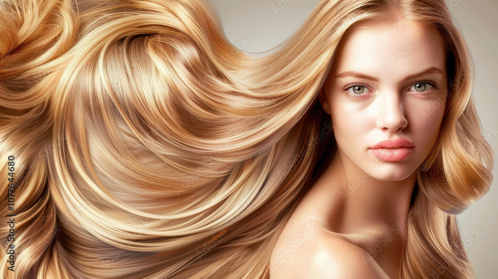 Stunning portrait of a young model with long, healthy blonde curls showcasing vibrant skin against a neutral backdrop. Stunning portrait of a young model with long, healthy blonde curls showcasing vibrant skin against a neutral backdrop.