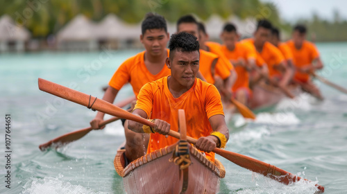 A diverse team of paddlers races together, showcasing teamwork and unity in a thrilling outrigger canoe competition.