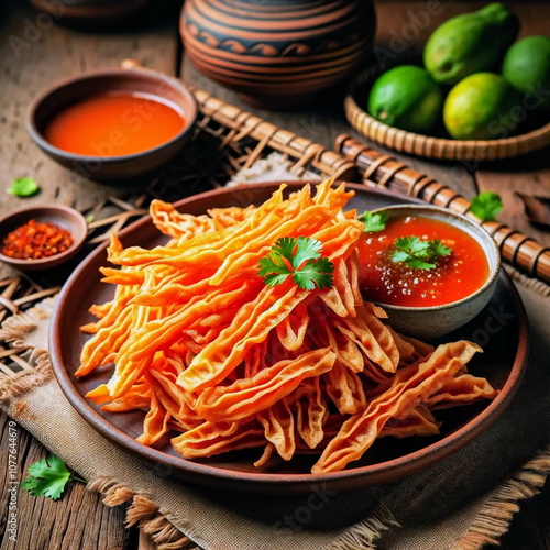 virtual picture appetizer menu looks delicious with chili sauce on the side to serve, a homemade food idea.