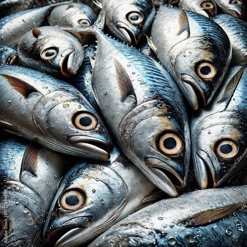 create virtual picture of many fresh fish mackerel with big eyes sold in market shop to be cooked concept.