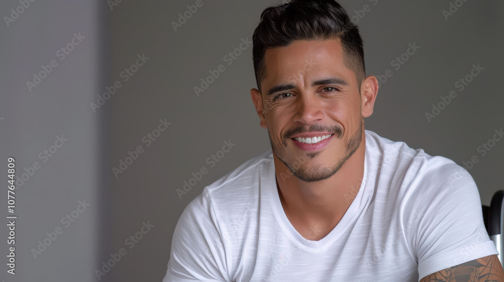 A handsome Hispanic man sits relaxed in a wheelchair, showcasing a confident smile and a natural profile. A handsome Hispanic man sits relaxed in a wheelchair, showcasing a confident smile and a natural profile.