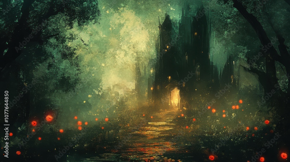 A mysterious, dark gothic castle stands in the middle of a forest lit up with glowing red orbs. A mysterious, dark gothic castle stands in the middle of a forest lit up with glowing red orbs.