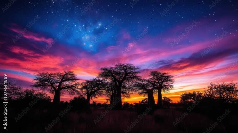 Twilight Silhouette of Trees Against Starry Sunset Sky Twilight Silhouette of Trees Against Starry Sunset Sky