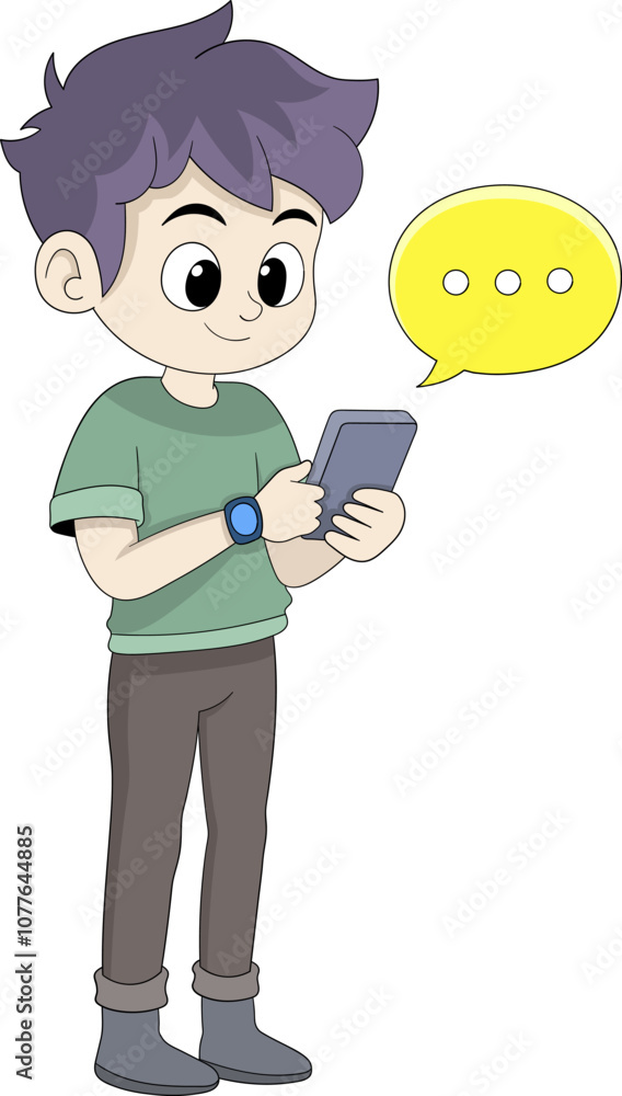 Young Boy with Purple Hair Using Smartphone with Yellow Speech Bubble Icon for Communication Concept Illustration Young Boy with Purple Hair Using Smartphone with Yellow Speech Bubble Icon for Communication Concept Illustration