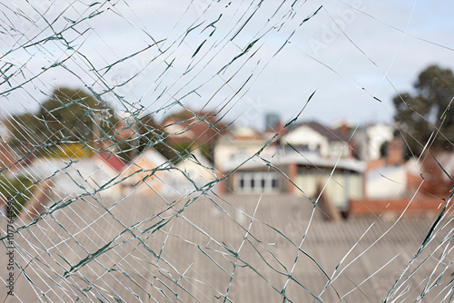 Looking through broken and cracked window glass